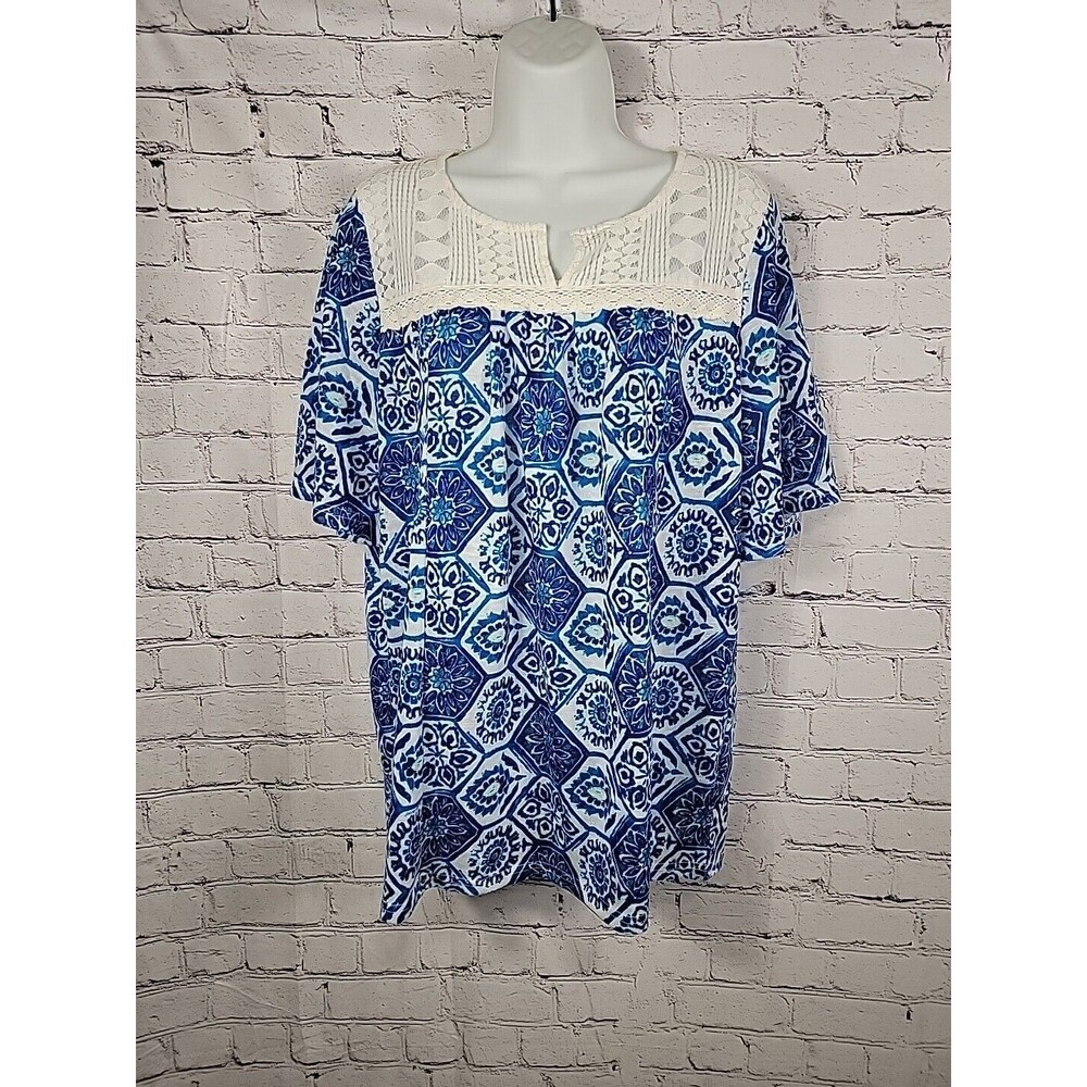 Susan Betro Weekend Blue White Floral Blouse Size Med